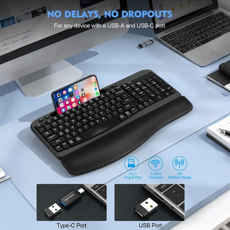 EAYBLLY Ergonomic Wireless Keyboard with Cushioned Wrist Rest, Wave Keys, Phone Holder, Comfortable Natural Typing, 2.4GHz Full Size Cordless USB Computer Keyboard for Windows, Mac OS, Laptop, PC (Black) - Image 5